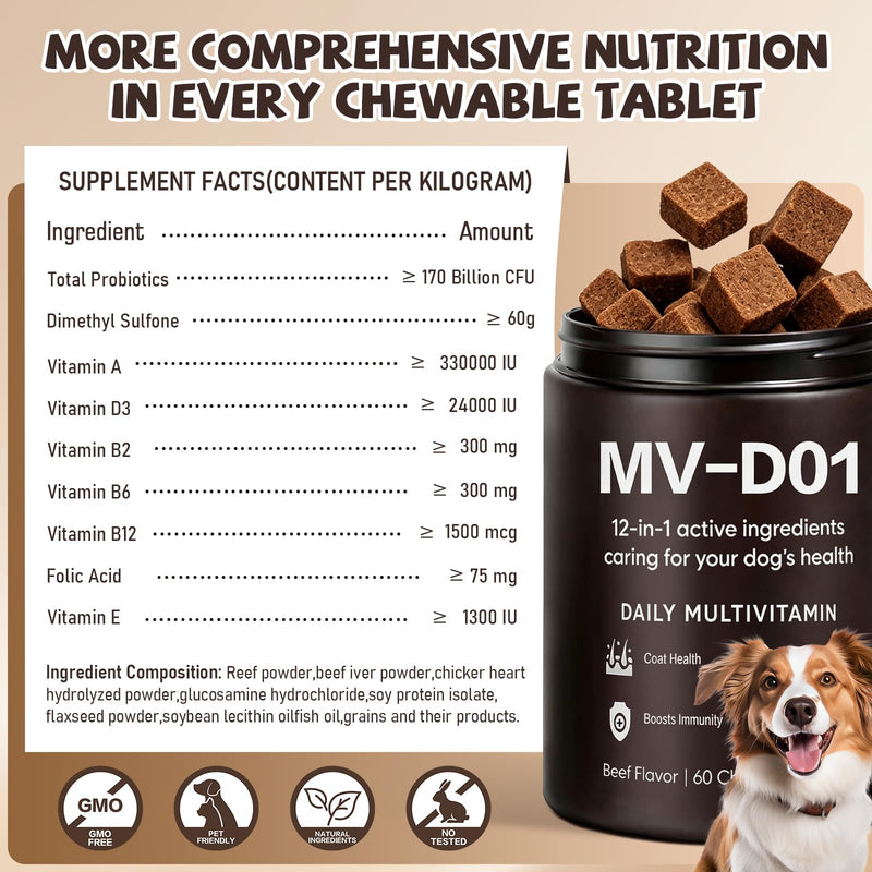 DM-01 Daily Multivitamin for Dogs - Advanced Hip & Joint Support, Boosts Immune System & Digestion, Promotes Skin, Coat & Organ System Health, Enhances Activity & Mood, 60 Chews