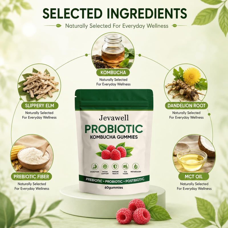 Jevawell Kombucha Gummies with Prebiotics & Fiber, Infuse Probiotic Kombucha Gummies for Women with Slippery Elm, Dandelion Root & MCT Oil, Daily Digestive Wellness Supplement, 60 Gummies 1