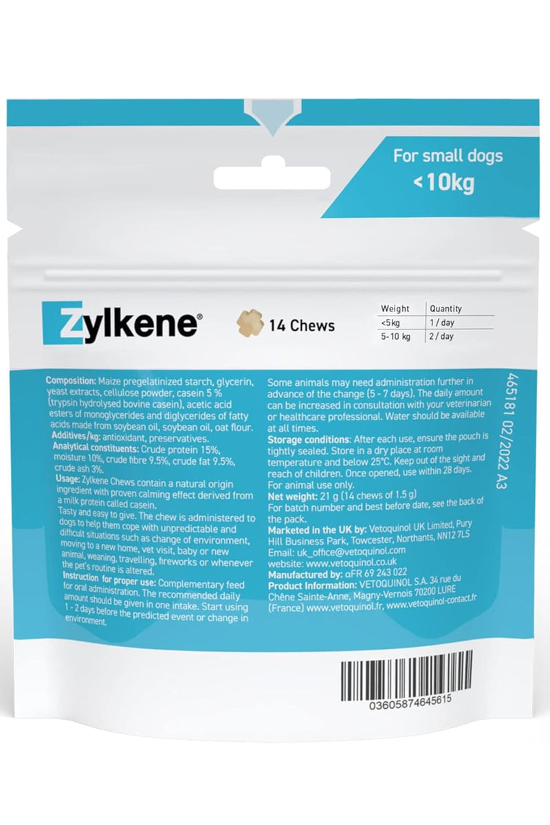 Zylkene Calming Chews for Small Dogs up to 10kg | Promotes Relaxation | Helps Pets cope with short-term challenging situations | Perfect for on the go, holidays, travelling, fireworks | 14 Chews