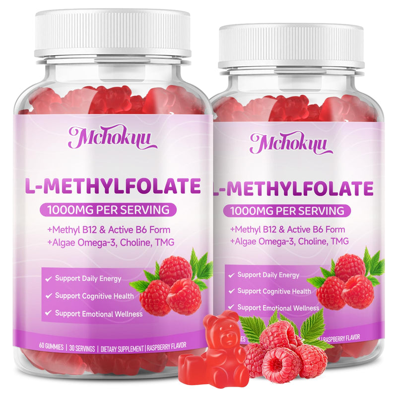 L-Methylfolate (5-MTHF) Gummies 1000mcg, Active Folate Supplement for Men & Women with Methyl B12, Choline, TMG & Omega-3, Sugar Free Vegan Raspberry, 60 Count 60 Count (Pack of 1)