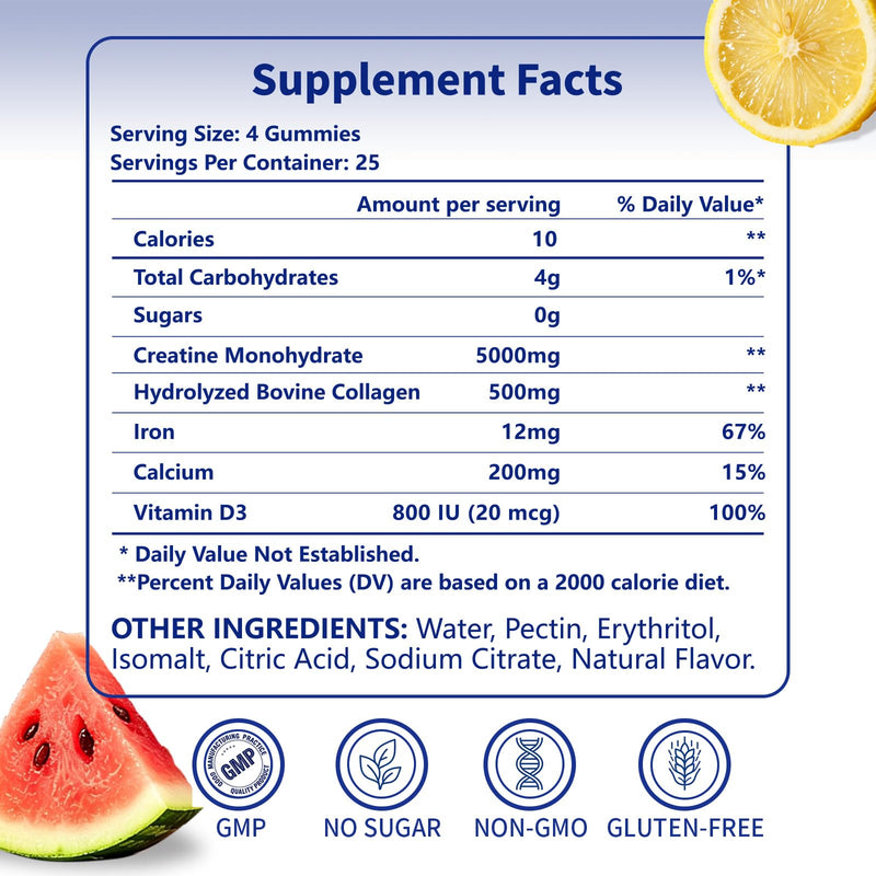 Creatine for Women, Creatine Monohydrate Gummies with Collagen, Calcium, Vitamin D3 for Booty, Energy & Strength, Watermelon Flavor, 100 Count