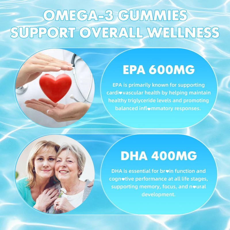 softbear Omega 3 Gummies for Women & Men & Kids Omega 3 Supplements 1200mg Vegan Omega 3 Fatty Acids DHA EPA with Vitamins Support Eye & Brain Health, Sugar Free, Strawberry Flavor 120 Count 60 Count (Pack of 2)