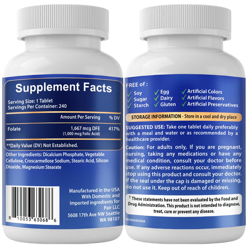Folic Acid 1000 mcg (1667 mcg DFE) - Vitamin B9 Supplement, 240 Tablets | Non-GMO Tablets, Third Party Tested, Made in USA, Vegetarian, Supports Overall Wellness and Daily Nutrition 240 Count (Pack of 1)