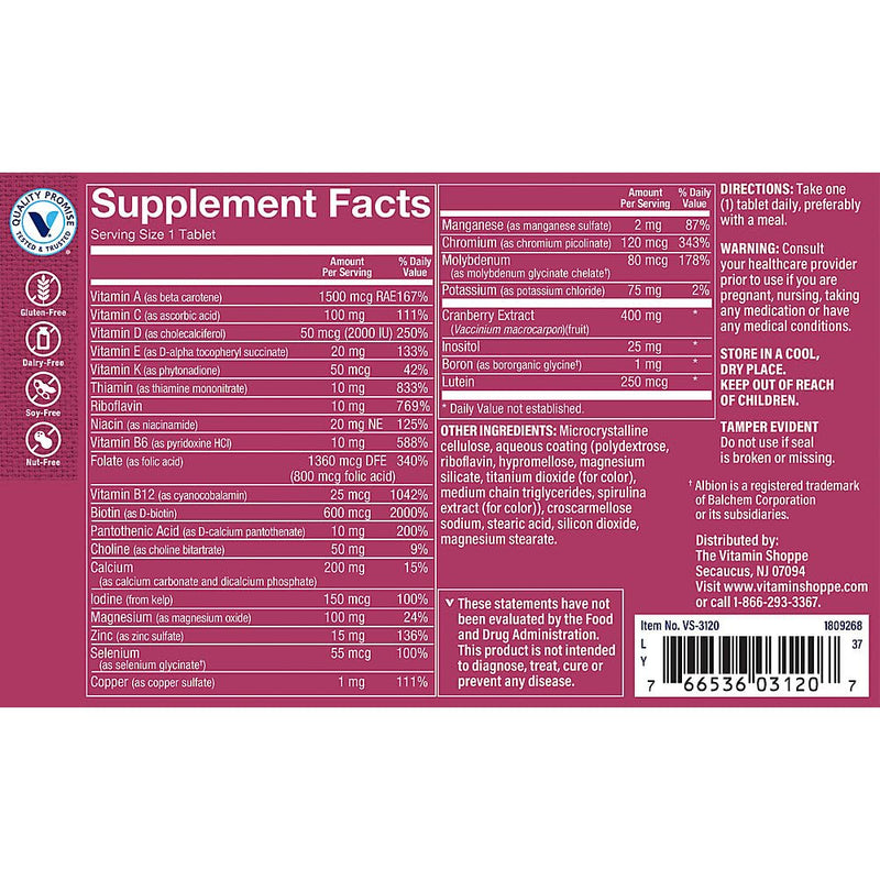 The Vitamin Shoppe Once Daily Women's Multivitamin with No Iron | 2,000IU Vitamin D3, Multi-Mineral Supplement | Supports Energy Production, Cardiovascular, Immune Health (180 Tablets)