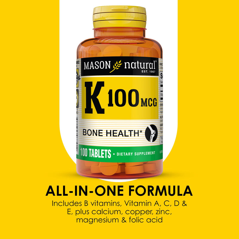 MASON NATURAL Vitamin K 100 mcg, Bone & Joint Support, 300 Day Supply | 100mcg vitamin K1 (phytonadione) to support strong bones, calcium absorption & normal joint function; 300 tablets