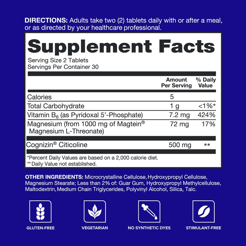 Qunol Brain Health Memory Plus w/Magtein, Cognizin & Vitamin B6, 60ct | Combines Two Clinically Tested, High Absorption Ingredients to Improve Memory, Focus, Attention, Productivity 60 Count (Pack of 1)