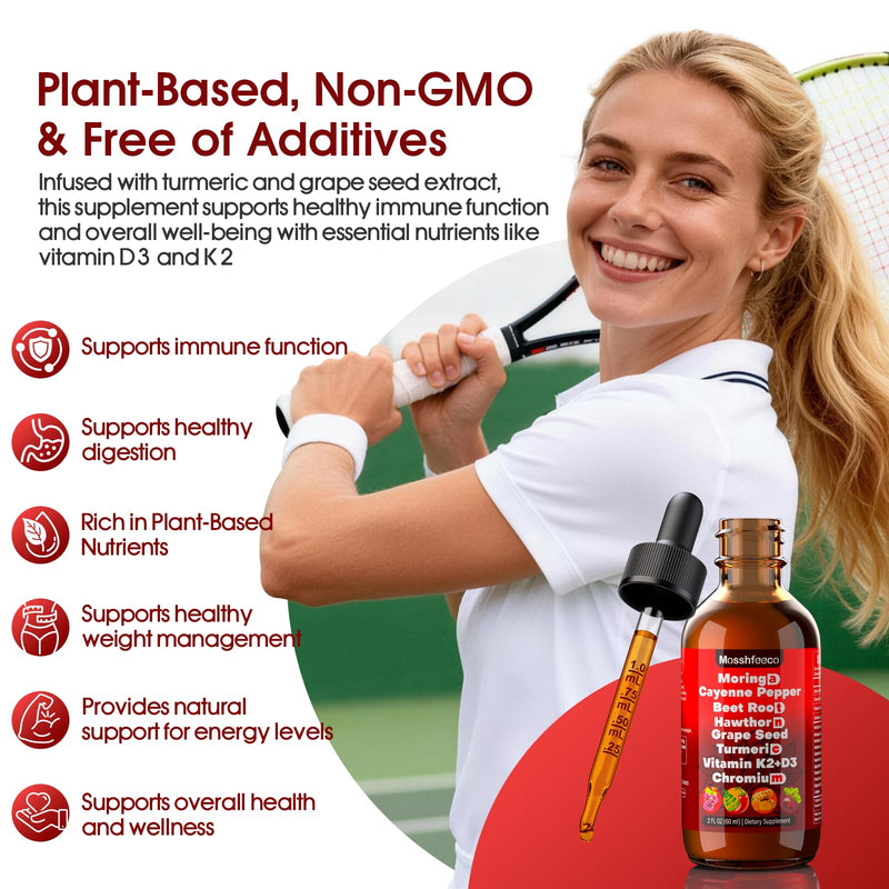 Cayenne Pepper Drops Supplement - Liquid Herbal Formula with Hawthorne Berry, Moringa, Ceylon Cinnamon, Vitamin D3, K2, Beet Root, Turmeric, Grape Seed & L-Arginine | Plant Based for Men & Women 60ML 2 Fl Oz (Pack of 1)