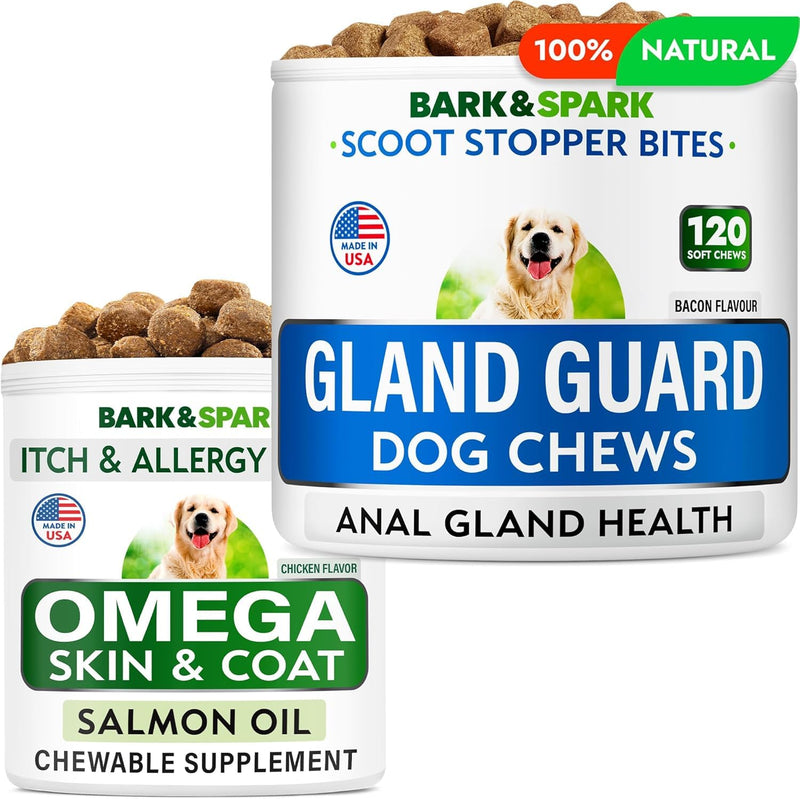 Anal Gland Guard Support + Omega 3 Fish Oil Treats Bundle - Scoot Treatment - Dog Shedding, Skin Allergy, Itch Relief - Digestive Enzymes & Breath Aid Support - Made in USA