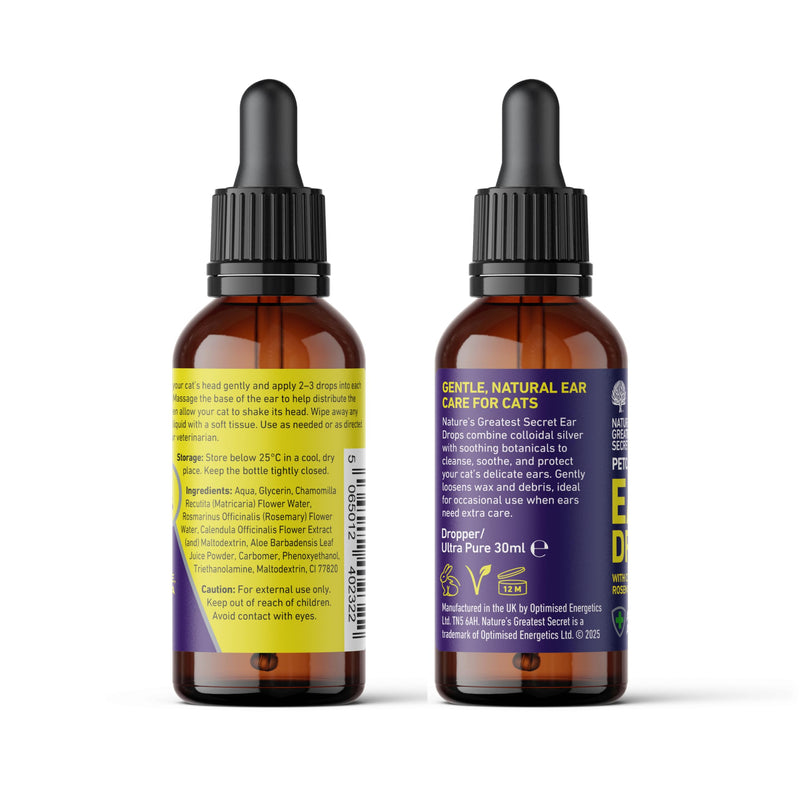 Nature's Greatest Secret Ear Drops for Cats 30ml | Colloidal Silver & Botanicals | Cleans & Conditions | Vegan | UK Made