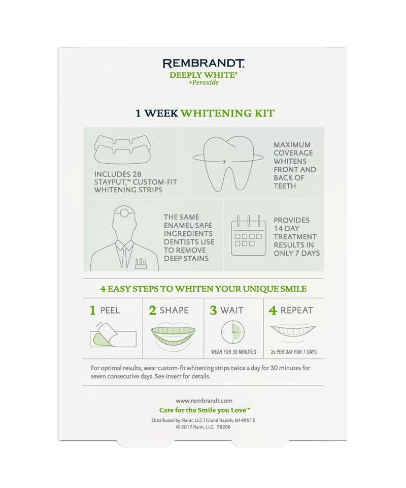 REMBRANDT Deeply White + Peroxide 1 Week Teeth Whitening Kit, Removes Tough Stains, Enamel-Safe, 28 Custom-Fit Whitening Strips (14 Treatments) - BeesActive Australia