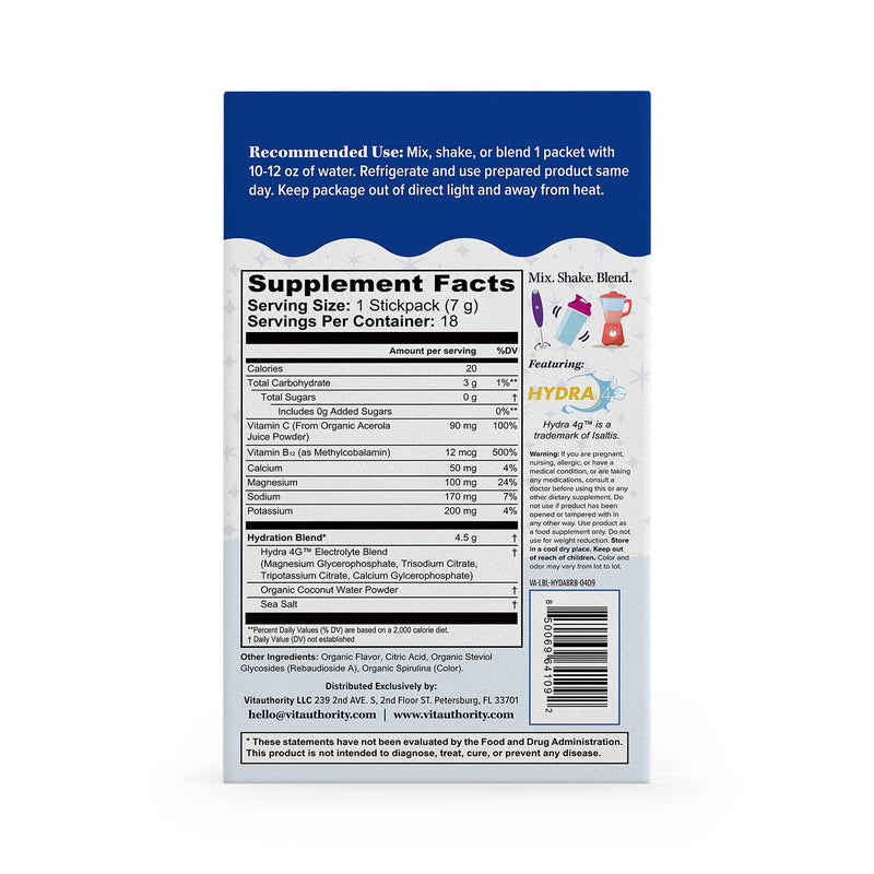 Hydration Electrolyte Powder Packets Blend Magnesium Calcium Sodium Potassium | Coconut Water + Vitamin C & B12 | Sugar-Free, Vegan, Non-GMO, Energy & Immune Support, 18 Servings Blue Raspberry Flavor