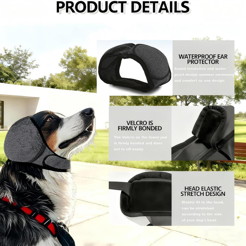 Dog Ear Muffs, Waterproof Calming Hoodie, Anti-Anxiety Ear Covers for Noise Relief, Thunder, Fireworks & Bath Time Grey Medium