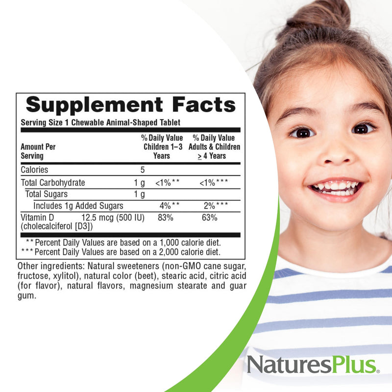 NaturesPlus Animal Parade Vitamin D3 Children’s Chewables - Black Cherry Flavor - 90 Animal-Shaped Tablets, Pack of 2 - Gluten Free, Vegetarian, Hypoallergenic - 180 Total Servings 90 Count (Pack of 2)