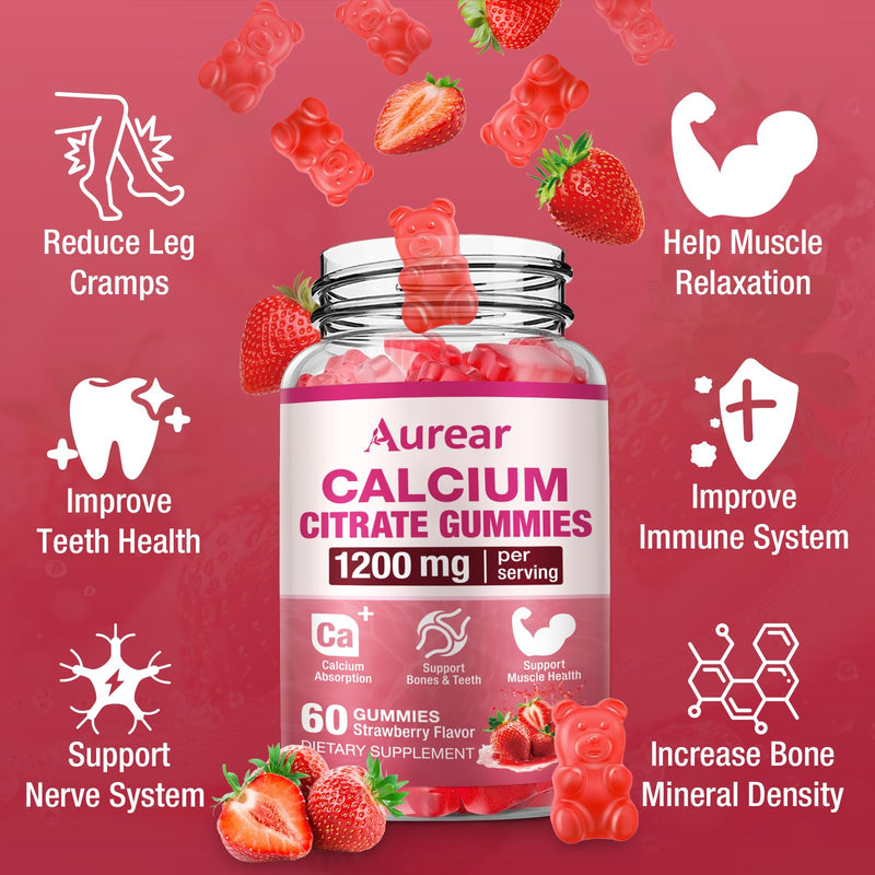 2Pack Calcium Citrate Gummies, 1200mg Chewable Calcium Supplement for Men & Women, Muscle & Bone Support, Strawberry Flavor, 120 Count 60 Count (Pack of 2)
