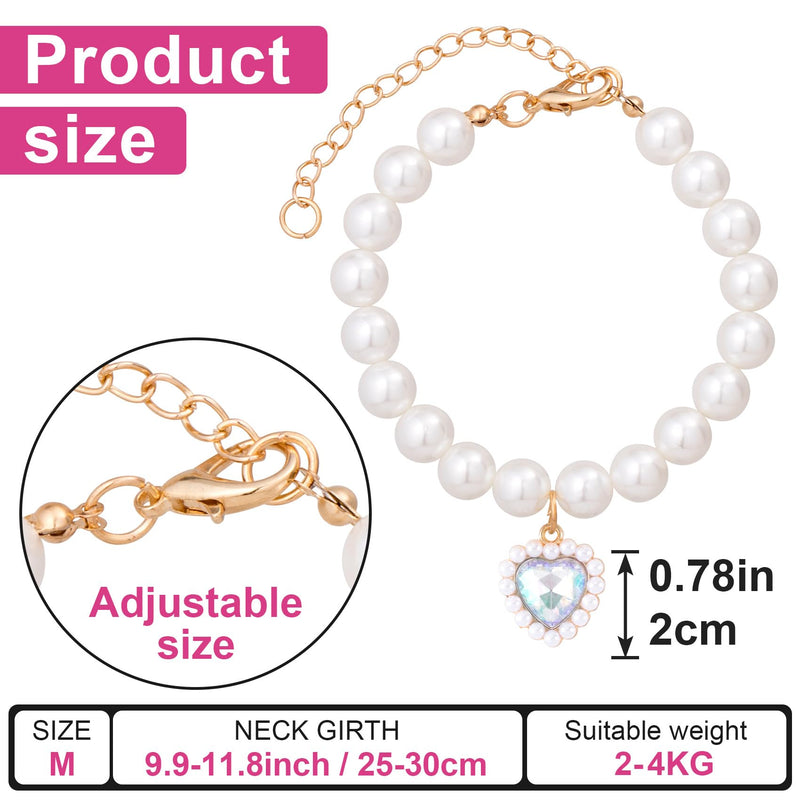 Cat Pearl Collar with Heart Pendant, Cute Pearl Pet Necklace in Medium, Adjustable Wedding Party Small Dog Jewelry Accessories for Puppy Kitten- White - BeesActive Australia