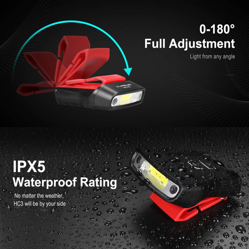 klarus HC3 2pcs Rechargeable Motion Sensor Cap Visor Light - 100 Lumens COB LED Clip on Hat Light - Headlamp Flashlight with Red Light for Fishing Running Camping Reading Black Red 2Pcs