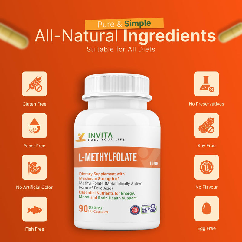 INVITA L-Methylfolate 15mg – Physician Formulated Active Methyl Folate - 5-MTHF Supplement for Energy, Mood & Brain Health Support - Non GMO, Gluten Free, 90 Capsules (3 Month Supply) 15 mg