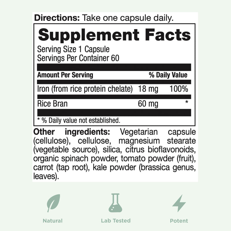 Yuve 100% Vegan Whole Food Chelated Iron Supplement 18mg – Tasteless, Non-Constipating, Gentle on Stomach, Energy Support – Gluten-Free, Non-GMO, 60 Capsules