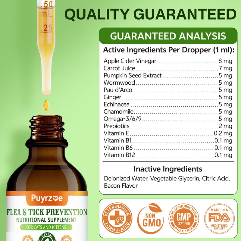 Puyrzoe Cat Flea Treatment, Natural Oral Flea and Tick Prevention for Cats Drops with Pumpkin Seed, Echinacea & Omega-3/6/9- Support Immunity, Healthy Skin & Coat, Digestion & Overall Wellness, 60 ML