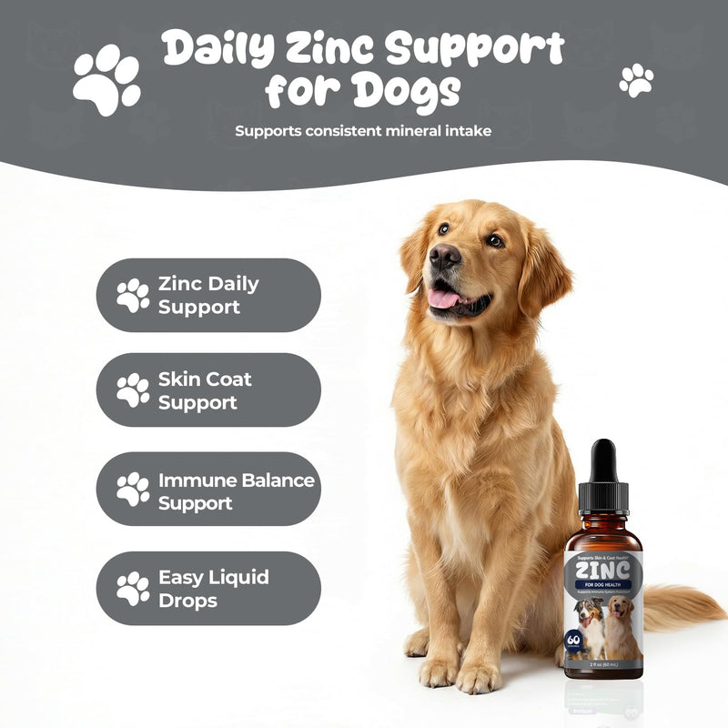 Zinc Drops for Dogs - Liquid Zinc Supplement for Skin & Coat Health, Immune Support Trace Mineral, Bacon Flavored Dog Supplement, Easy Daily Zinc for Dogs, 2 fl oz (60 mL)