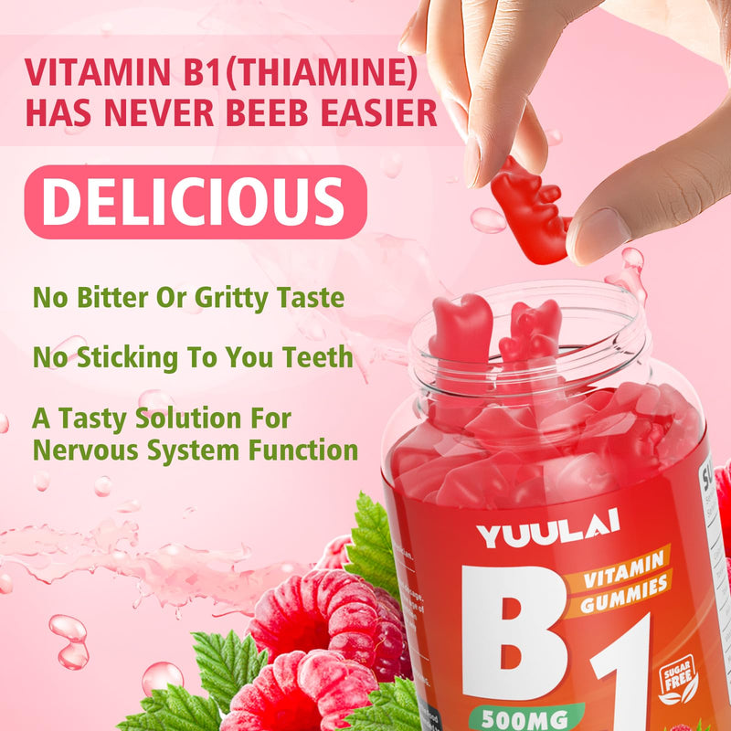 Pack of 2 Vitamin B1 Gummies 500mg for Adults & Kids, Thiamine B1 Supplement with Magnesium, Vitamin B1 Supplement for Nervous System Supports & Boost Energy, Raspberry Flavor, 120 Count 120 Count (Pack of 1)