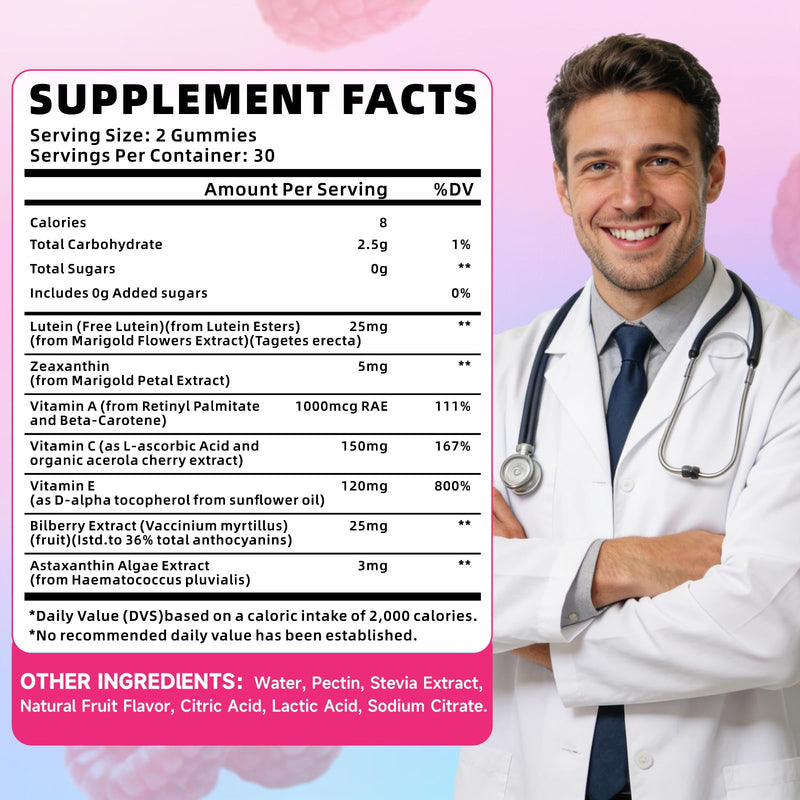 Lutein and Zeaxanthin Supplements, Lutein Gummies with Zeaxanthin,Vitamins A, C, E, Bilberry, Astaxanthin for Vision Health & Eye Strain, Sugar-Free/Vegan, Raspberry Flavor 120 Count 60 Count (Pack of 2)