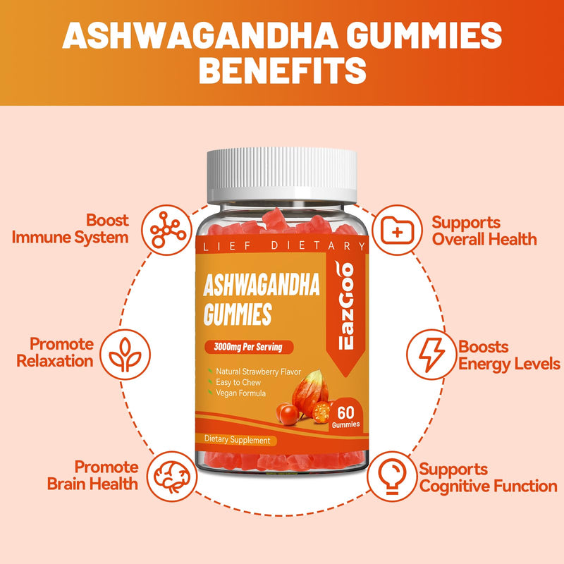 3000mg Ashwagandha Gummies,Calm &Stress Relief,Energy Booster,60ct | Ashwagandha Root Extract for Men and Women,with L-Theanine,Vitamin D3, Sugar-Free,Vegan 60 Count (Pack of 1)