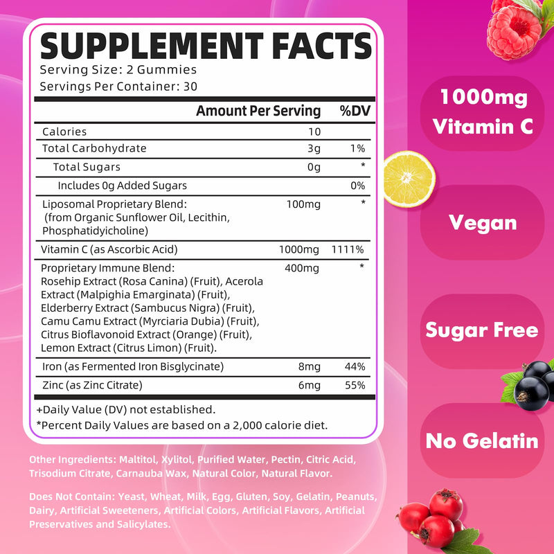 2 Pack Liposomal Vitamin C 1000mg Gummies for Adults Kids, 1500mg Chewable Vitamin C w/Iron, Zinc & Elderberry - Immune Support & Energy, Collagen Booster, Raspberry, 120 Count 120 Count (Pack of 1)