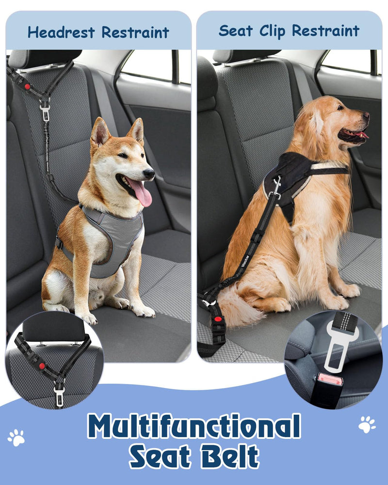 Vastar 2 Pack Dog Seat Belt for Car, 3-in-1 Dog Car Seatbelt, Adjustable Pet Seat Belt, Safety Headrest Restraint Dog Car Belt with Reflective Elastic Bungee, Poop Bag Holder Black+Black - BeesActive Australia