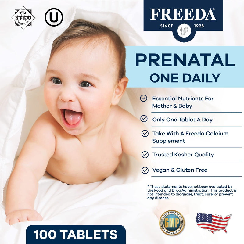 FREEDA Prenatal Vitamins for Pregnant Women – 100 Tablets | Supports Mother & Baby Nutrition – Includes Methylfolate, Calcium, & Essential Nutrients – Vegan, Kosher, Easy-to-Swallow 100 Count (Pack of 1)