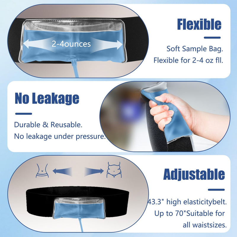 Sample Guard Urine Test Complete Kit - Adjustable 43.3" Concealed Belt with 2-4oz Sample Bag, Thermometer Stickers & Silicone Funnel (Black, Hi-Stretch Comfort) (Short) Short