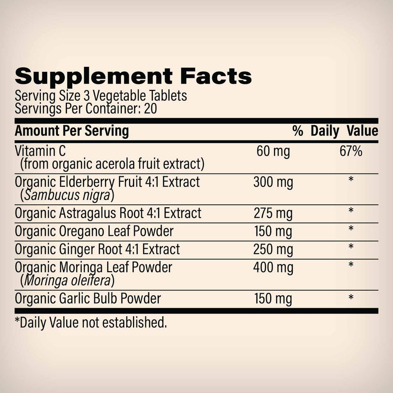 Organic Immune Complex, Elderberry, Astragalus, 60 Vegan Tablets | Certified organic moringa, ginger & oregano with elderberry, astragalus and acerola vitamin C for daily immune support