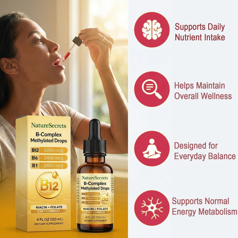 NATURESECRETS B-Complex Methylated Drops, with B12 B6 B1, Fast Sublingual Absorption, Essential B Vitamins for Energy & Nervous System Support, Raspberry Flavor, 120 mL / 4 fl oz