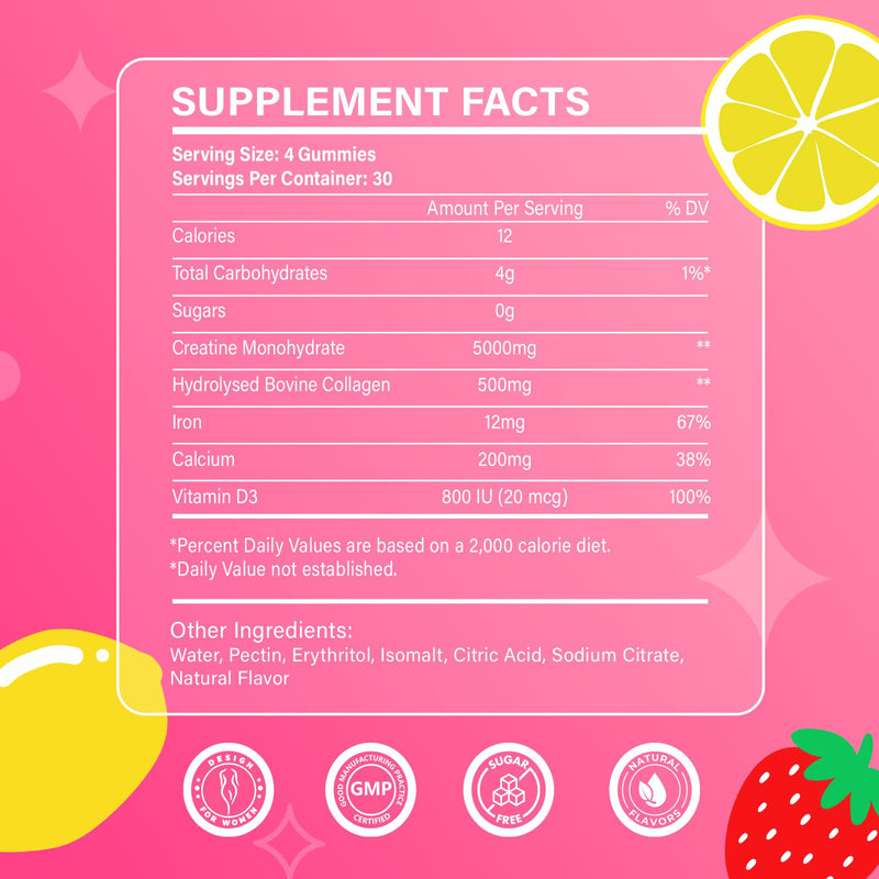 Creatine for Women, Creatine Monohydrate Gummies with Collagen, Vitamin D3 & Calcium for Muscle Support & Energy, Flavored Sugar Free Creatine Gummies Post & Pre Workout Supplements for Women, 120 Ct 120 Count (Pack of 1)