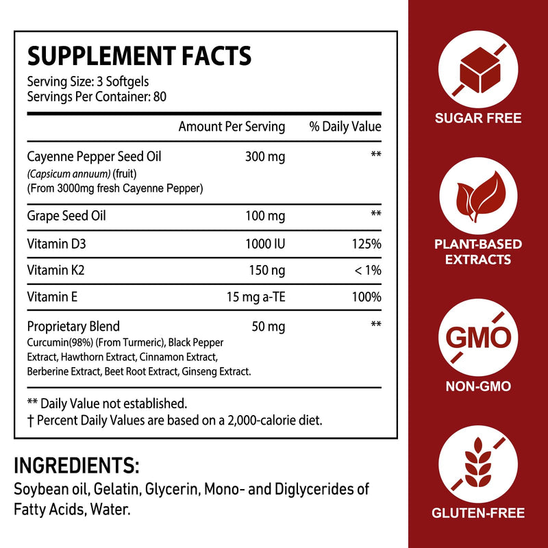 Cayenne Pepper Capsules with Turmeric & Beetroot – 12-in-1 Formula with Black Pepper Extract for Absorption – Vitamins D3, K2 & E – Supports Circulation & Antioxidant – 240 Softgels (80-Day Supply) Cayenne Pepper + Complex