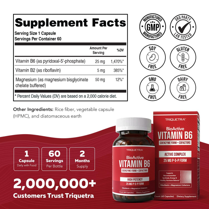 BioActive Vitamin B6 25mg Capsules - Active P-5-P Form for Mood, Energy & Cycle Support - Enhanced Absorption with Riboflavin & Magnesium - Clinical Strength, Non-GMO (60 Capsules - 2 month supply) 25 mg