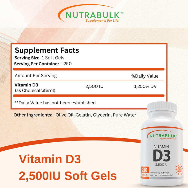 NutraBulk Vitamin D3 2500 IU Softgels - 250 Count - High-Potency Daily Supplement - Non-GMO, Gluten-Free - Made in USA 1 Count (Pack of 250)