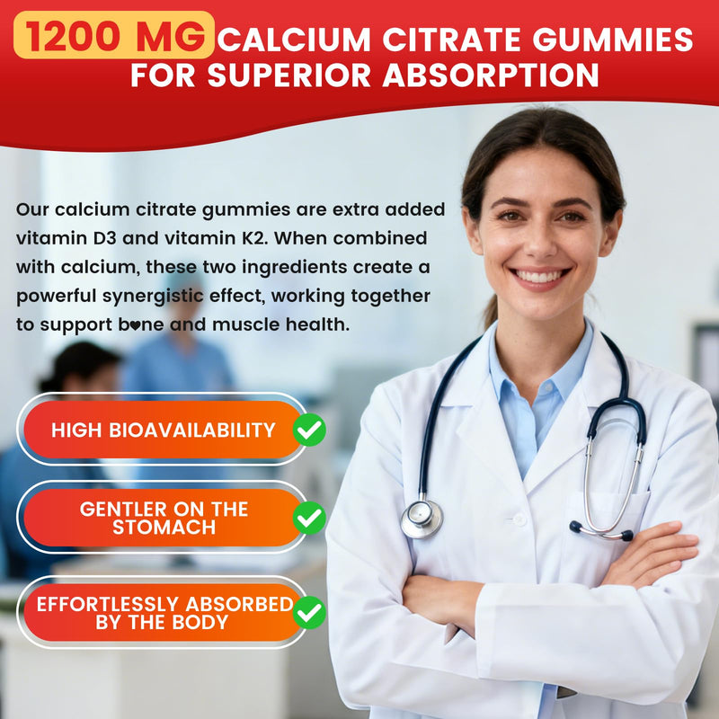 Calcium Citrate Gummies 1200mg, High Absorption Calcium Supplements with Vitamin D3, K2, Magnesium, Zinc for Bone, Muscle & Immune Support, Calcium Gummies for Women & Men, Strawberry Flavor 120 Count 60 Count (Pack of 2)