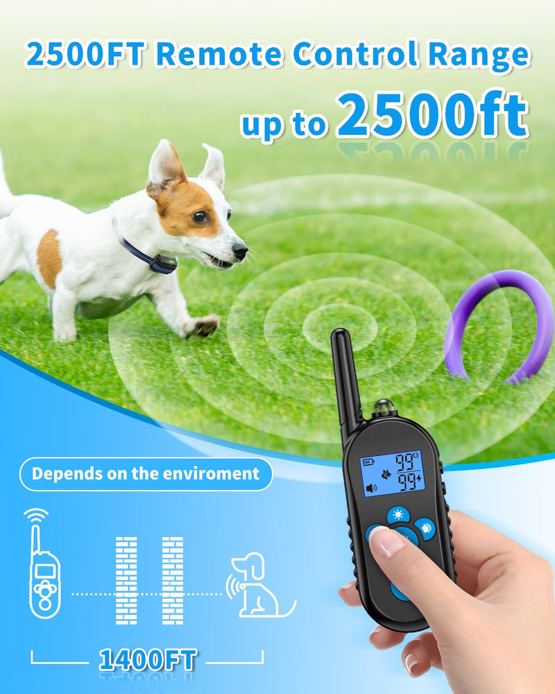 Dog Shock Collar, 2500FT Dog Training Collar with Remote for 20-110lbs Medium Large Dogs, IPX7 Waterproof Rechargeable Electric Collar with 4 Training Modes, Beep, Light, Vibration and Shock (Blue) - BeesActive Australia