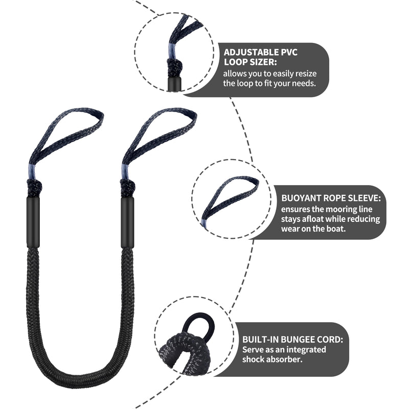 Marine Bungee Dock Lines for Boat 4-Pack, Braided Rope with Loops, Boat Tie Down for Dock, (4ft Black)