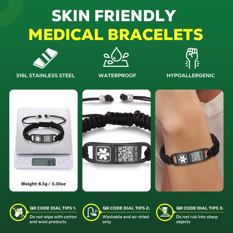 Medical Bracelets for Sport Men Women with QR Code Medical Alert ID Bracelets - Nylon Waterproof Wristband Fits Wrists Up to 7 inches - More Space Custom Emergency Med ID Alert Info New-Black - BeesActive Australia