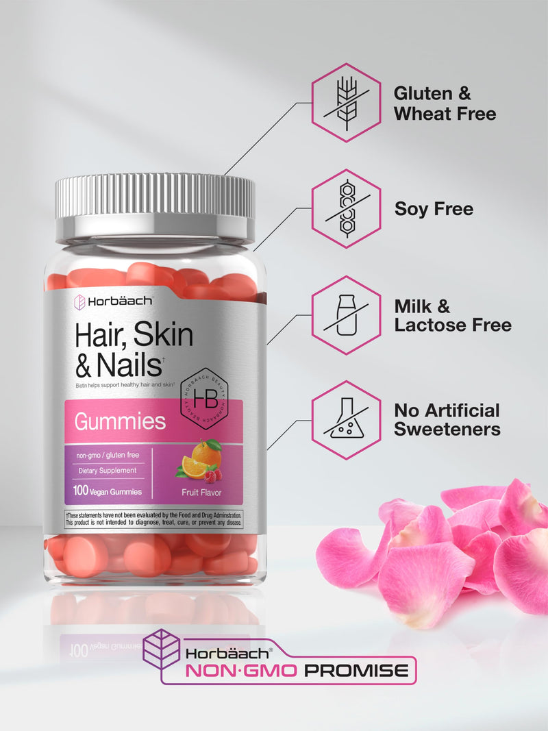 Horbäach Hair Skin and Nails Gummies | 100 Count | with Biotin | Fruit Flavored Vitamins | Non-GMO, Gluten Free Supplement 100 Count (Pack of 1)