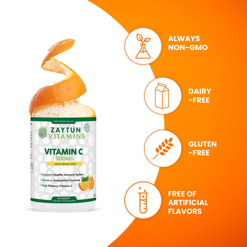 Zaytun Halal Vitamin C 500mg Supports Immune System, Natural Antioxidant, Vegetarian, Gluten-Free, 2 Months Supply, Halal Vitamins