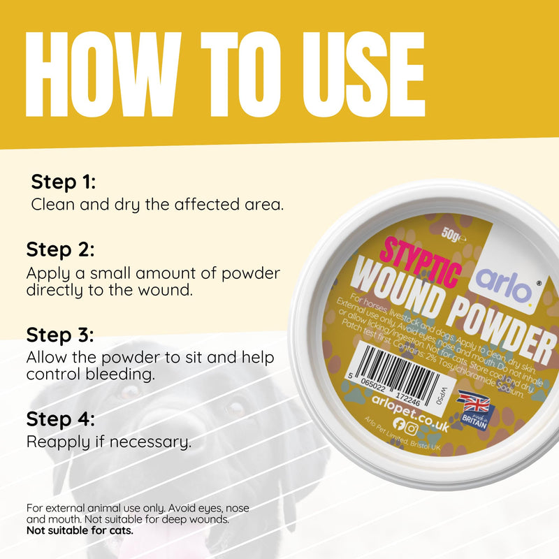 Wound Powder 50g for Pets & Horses | Fast-Dry Styptic Formula Helps Keep Wounds Clean | Non-Sting, Moisture Control Powder for Cuts, Grazes & Rubbing - Easy Dip Pot