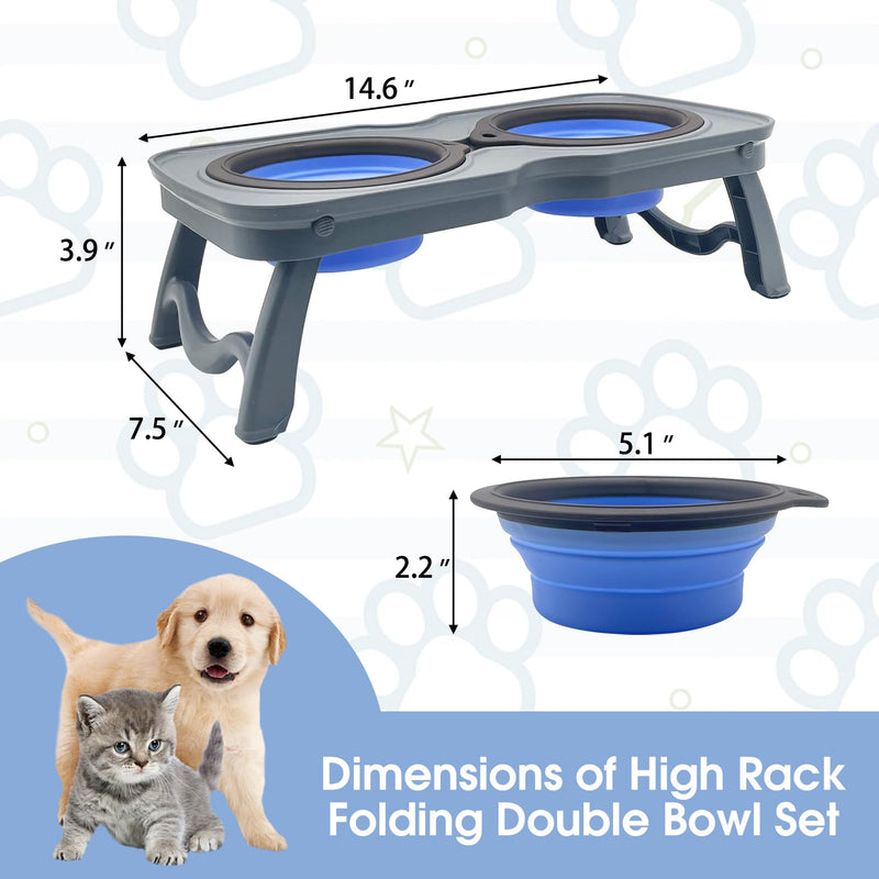 PINVNBY Elevated Portable Dog Bowl, Travel Raised Dog Stand with Collapsible Silicone Double Diner Puppy Bowls Non-Slip Dog Food Water Bowls Holder for Small Dogs and Cats - 14.6" L x 7.5" W x 3.9" H S:7.5 x 14.6 x 3.9 inches - BeesActive Australia