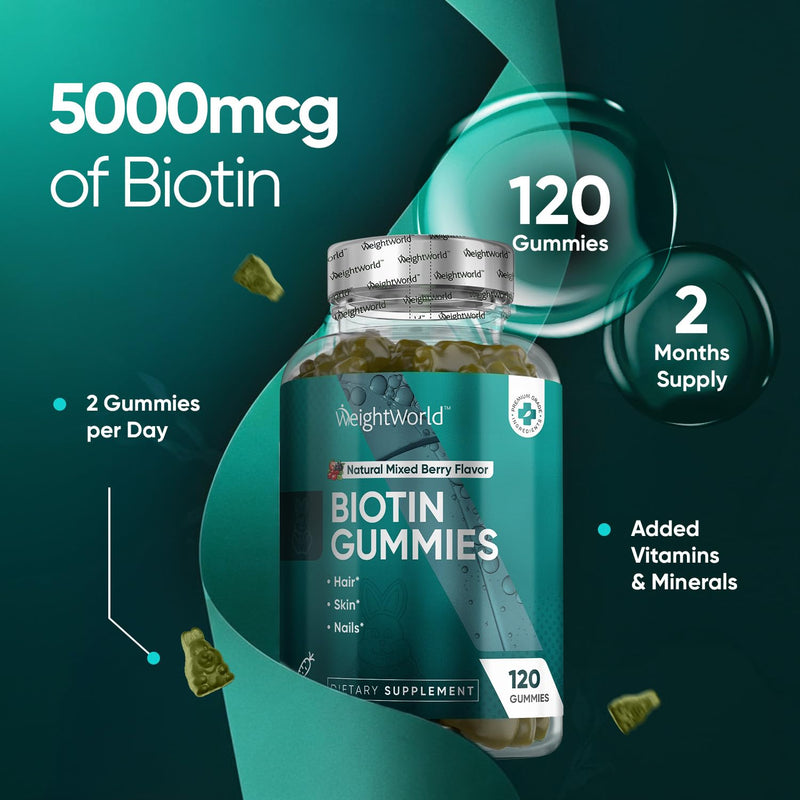 WeightWorld Biotin Gummies with Multivitamins A, C, D3, E, B6-9-12 + Key Minerals | Biotin for Hair Growth, Healthy Skin & Nails | 2-Month Supply | Hair Care Supplements for Women & Men | 120ct Biotin Gummies 120 Count