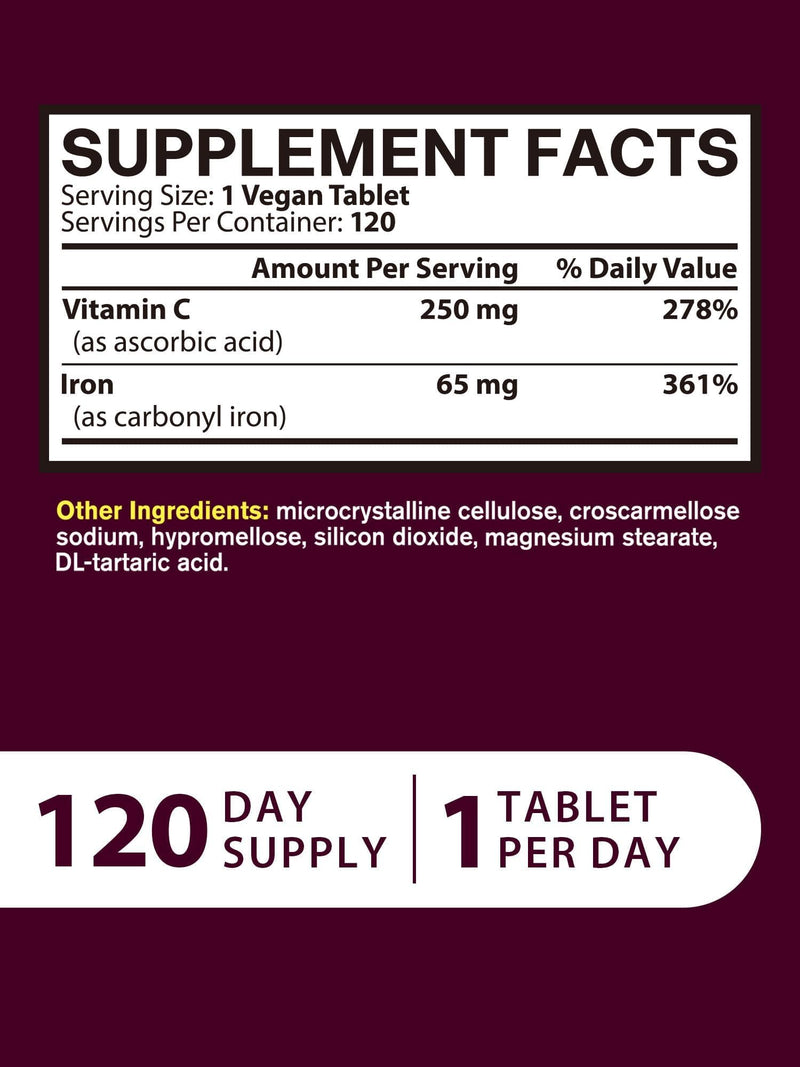 Iron Supplement for Women Men, High Potency Iron 65mg with Vitamin C 250mg | Stomach Friendly Iron Pills for Red Blood Cell & Immune Support, Vegan, Non-GMO & Gluten Free,120 Vegan Tablets Unflavored 120 Count (Pack of 1)