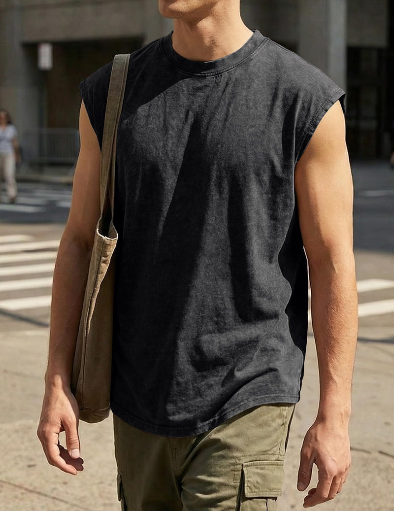 JMIERR Men's 100% Cotton Washed Sleeveless T-Shirt Crew Neck Muscle Tank Top for Summer Casual Gym Workout Medium Black - BeesActive Australia