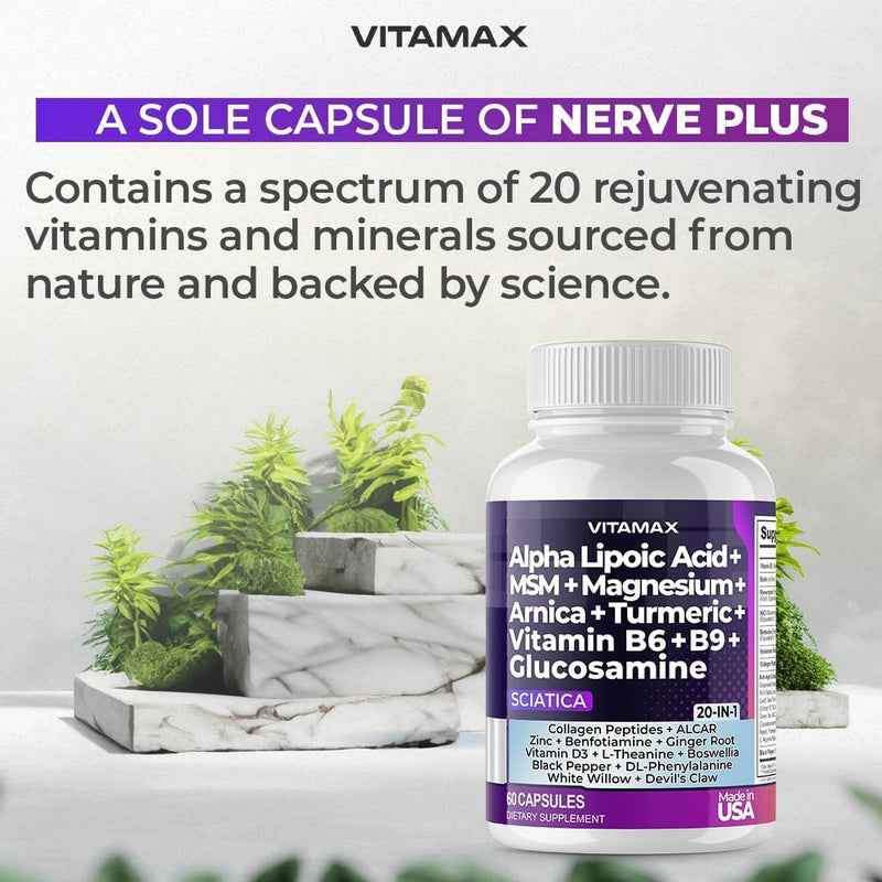 Sciatic Nerve Health Support - Sciatic Nerve Supplement Capsules with Folic Acid, Pea, Glucosamine, MSM, Vitamin B Complex, Alpha Lipoic Acid 300mg – 60ct – Made in USA 60 Count (Pack of 1)