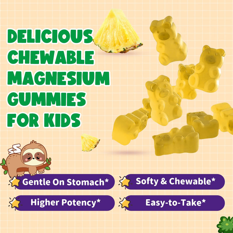 Kids Magnesium Gummies - Magnesium Glycinate Gummies with Vitamin D3, B6, Potassium & Ashwagandha for Kids & Adults Relaxation, Sleep, Brain & Bone Health -Sugar Free Pineapple Flavor 60 ct 60 Count (Pack of 1)